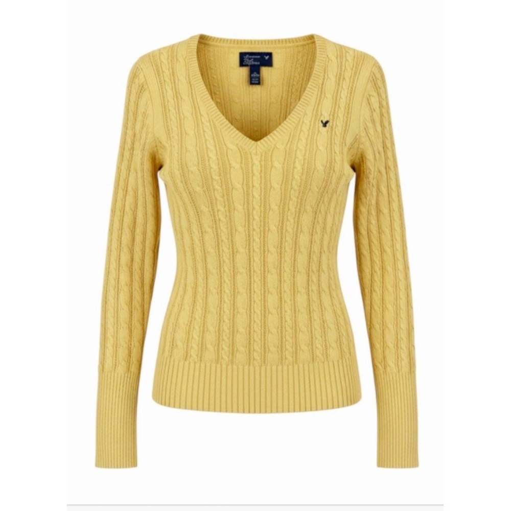 Y2K American Eagle V Neck Fitted Cable Knit Sweater Women Medium Yellow Preppy